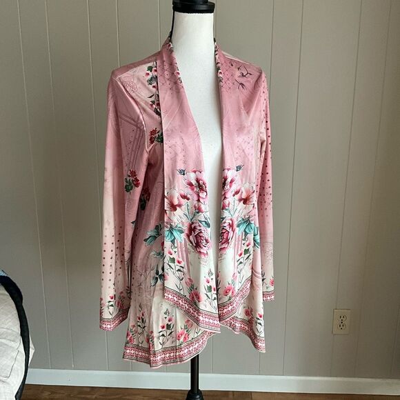 Unbranded Womens Kimono Pink Floral Open Front Cardigan Large - Picture 9 of 14